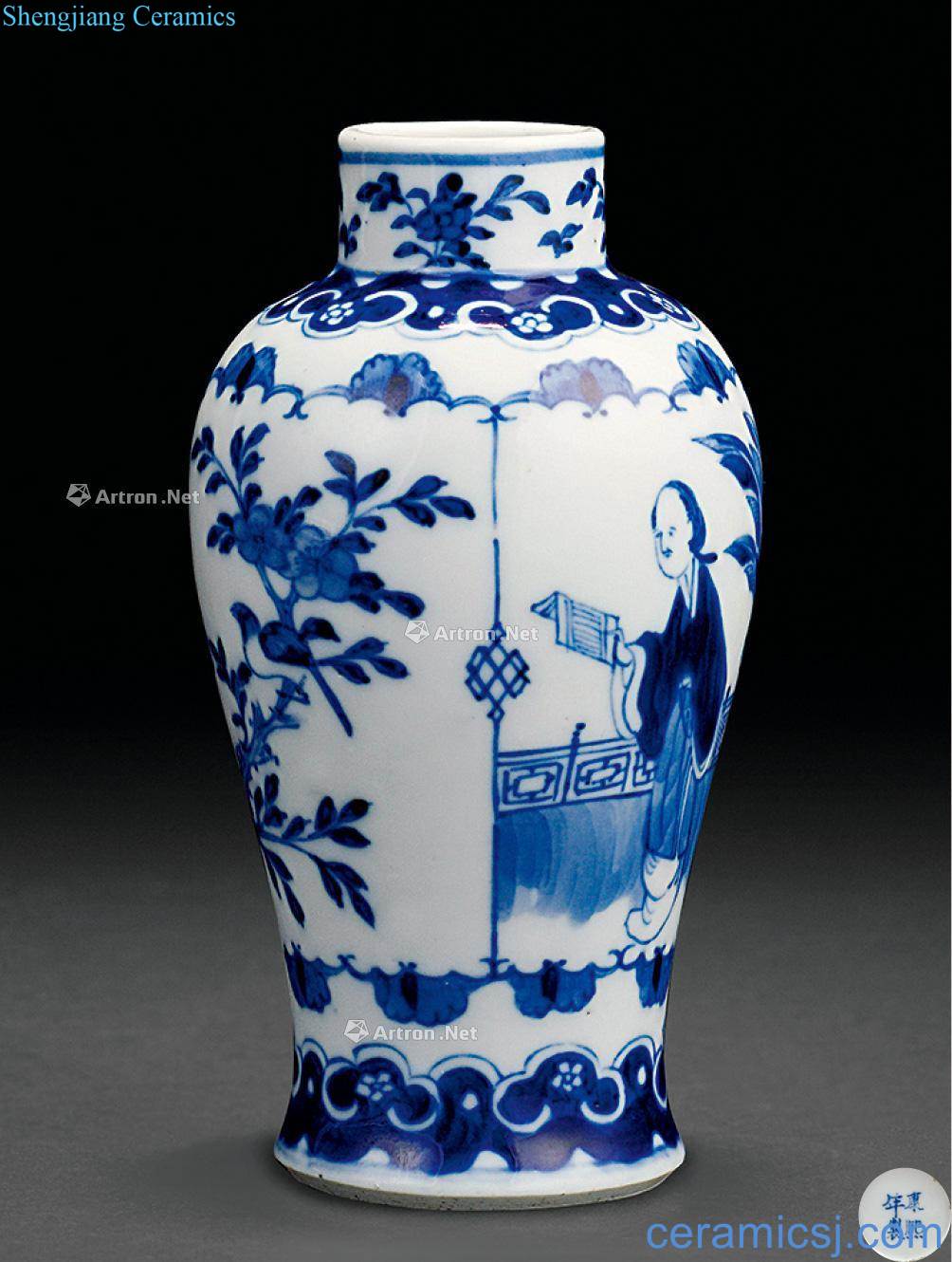 Kangxi years with Blue and white characters reading figure vase