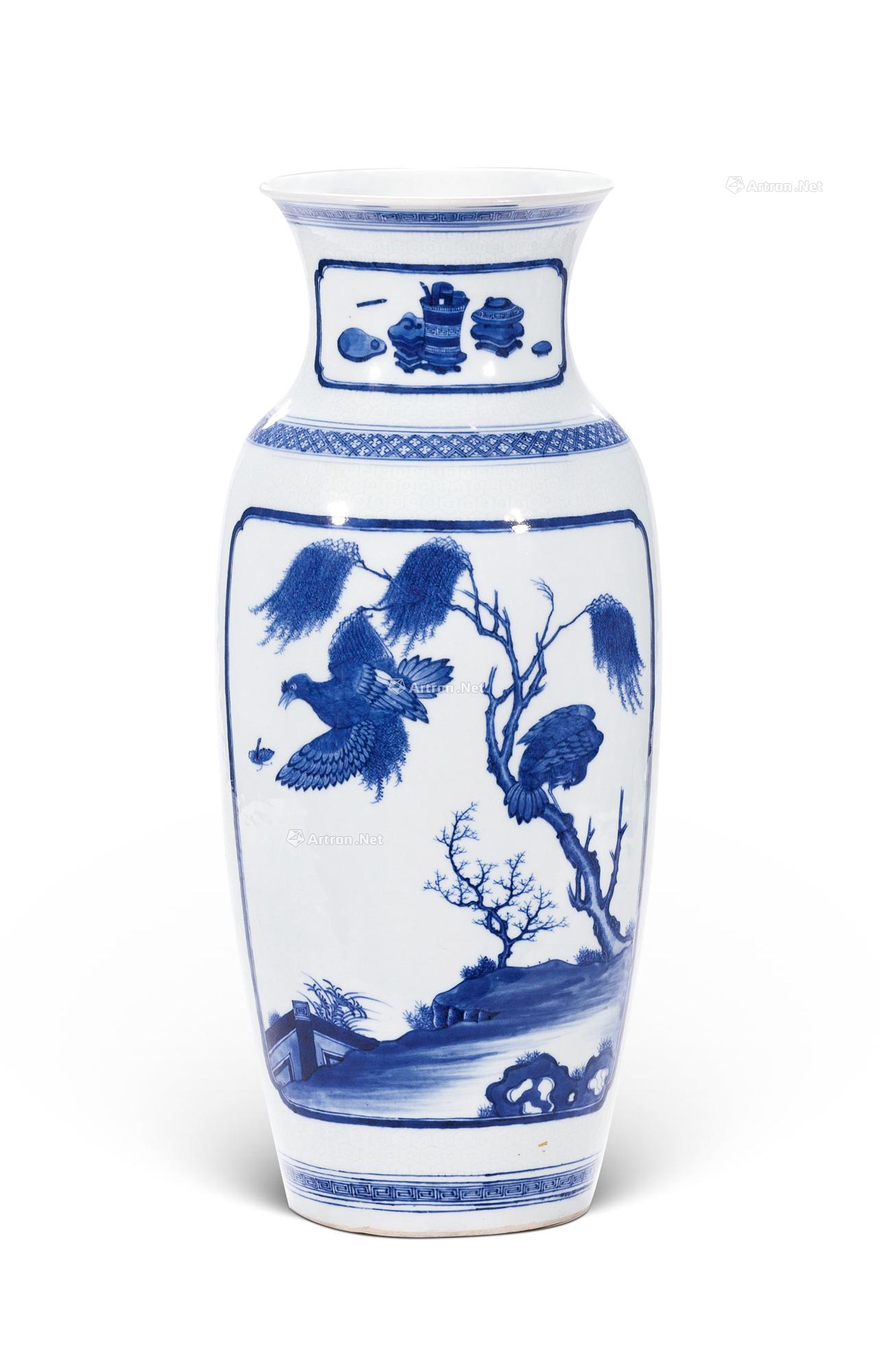 Qing qianlong in blue and white brocade medallion benevolent figure bottles of flowers and birds
