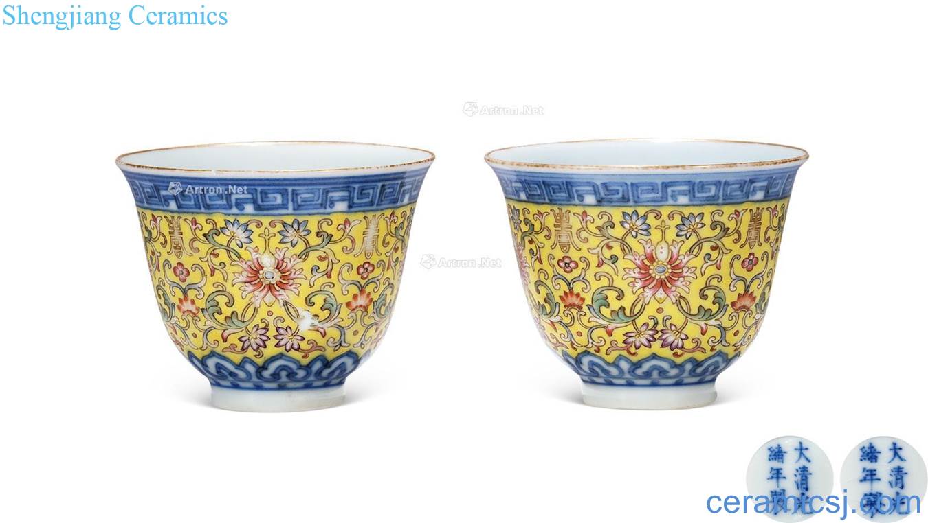 Qing guangxu pastel paint wrap lotus flower a life of word lines cup (a)