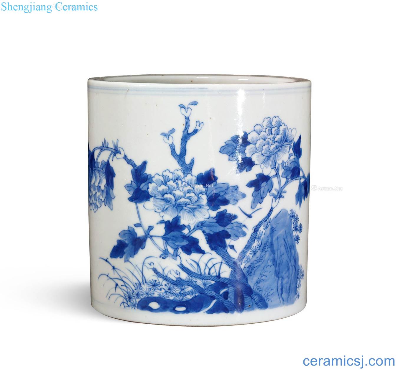 qing Blue and white figure brush pot CV 18 with a silver spoon in her mouth