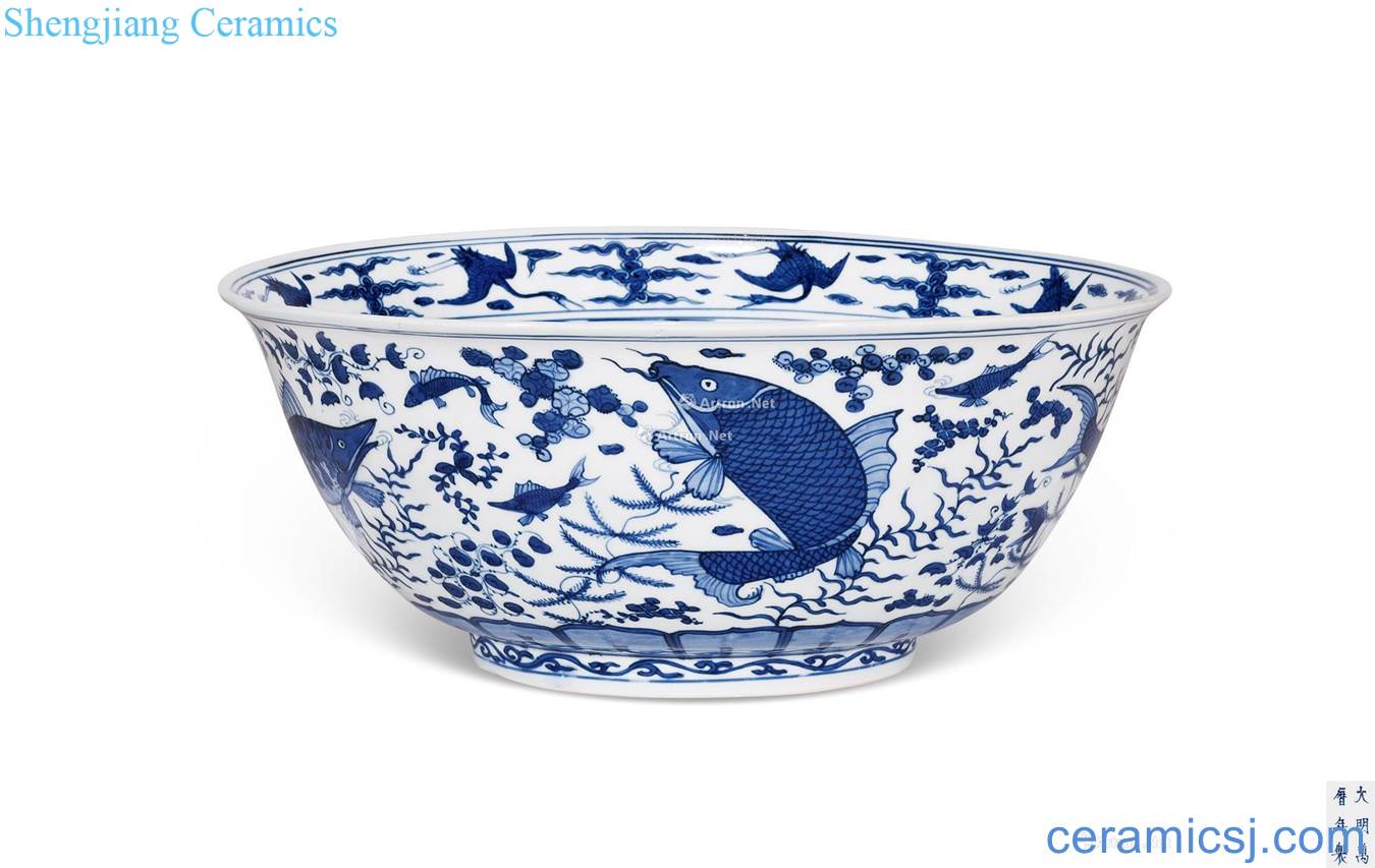 Ming wanli Blue and white fish and algae grain big bowl