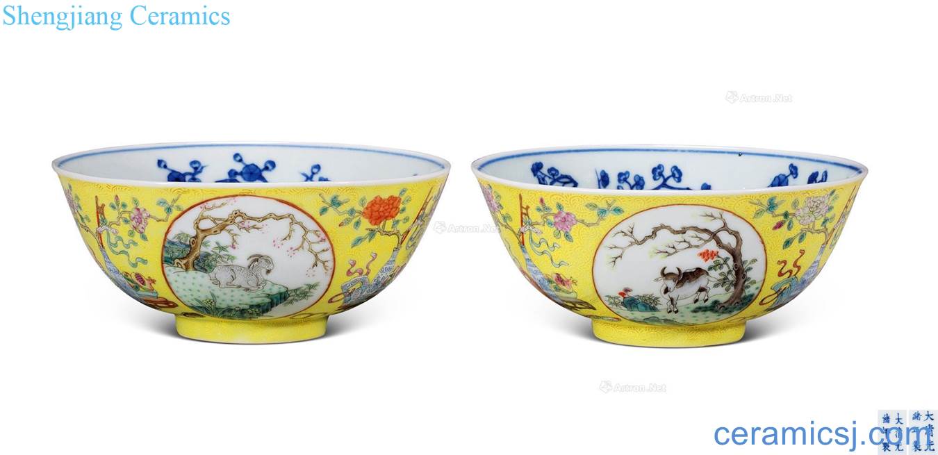 Qing guangxu Yellow powder enamel rolling way "three Yang kaitai" green-splashed bowls (a)