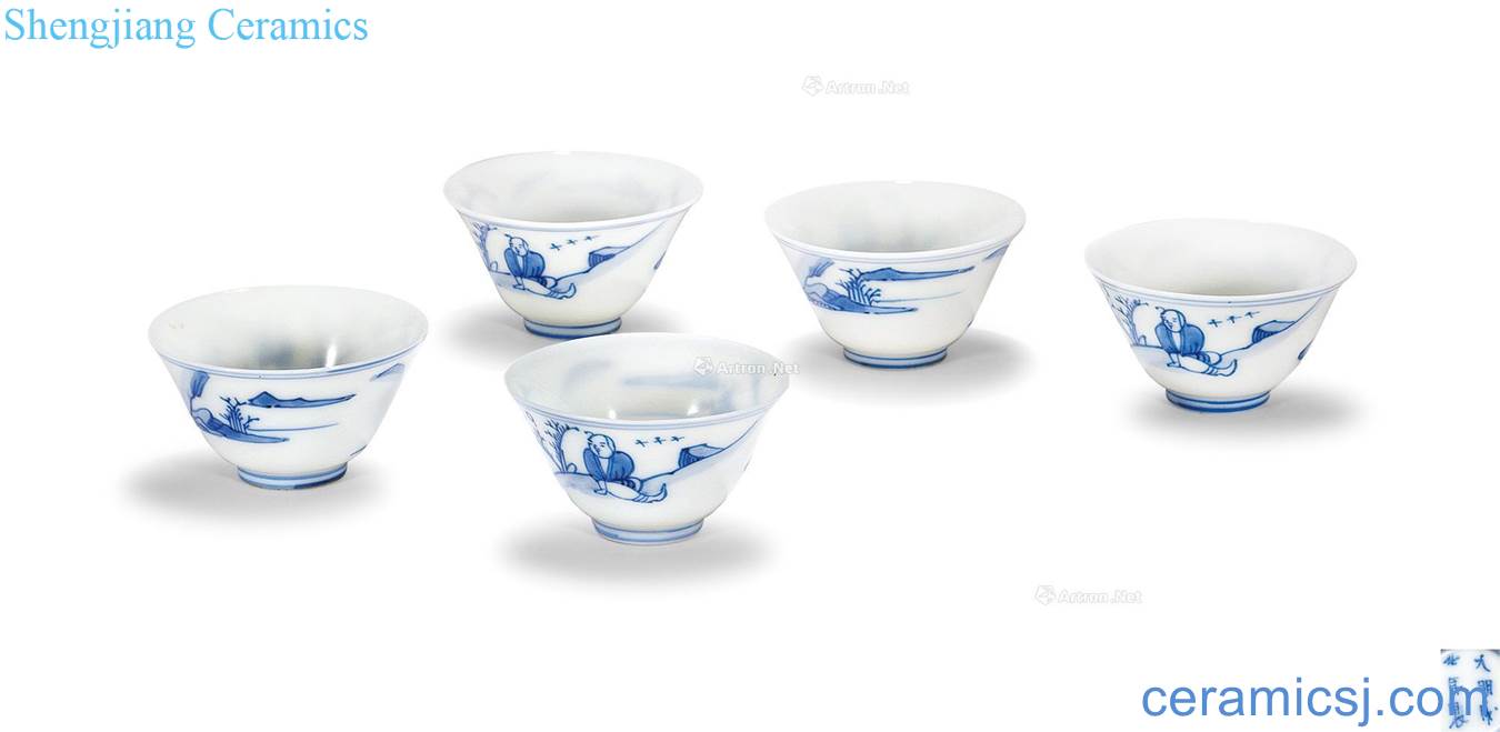 qing Blue and white landscape character figure cup (a group of five)