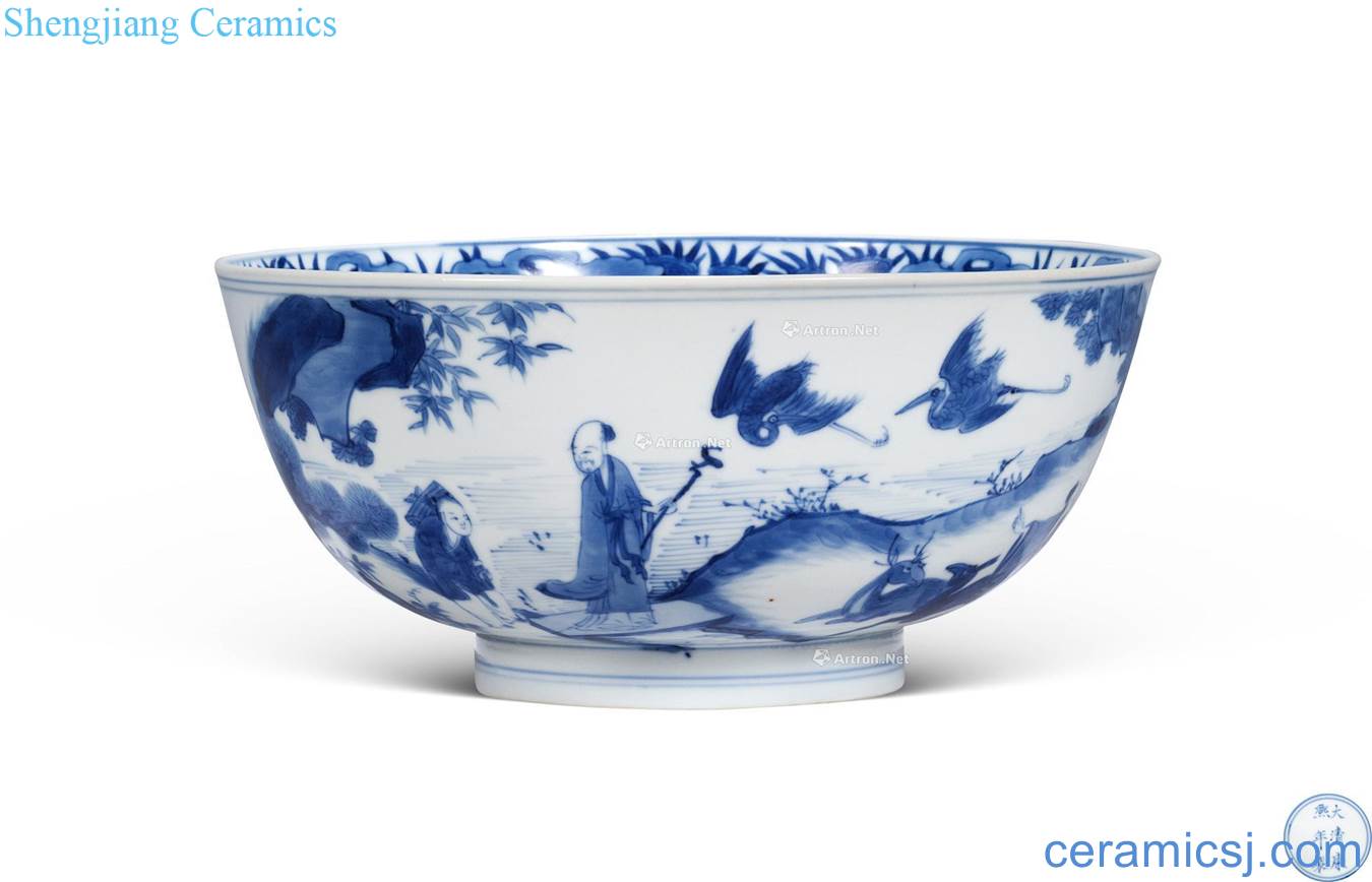 The qing emperor kangxi Blue and white landscape character figure large bowl