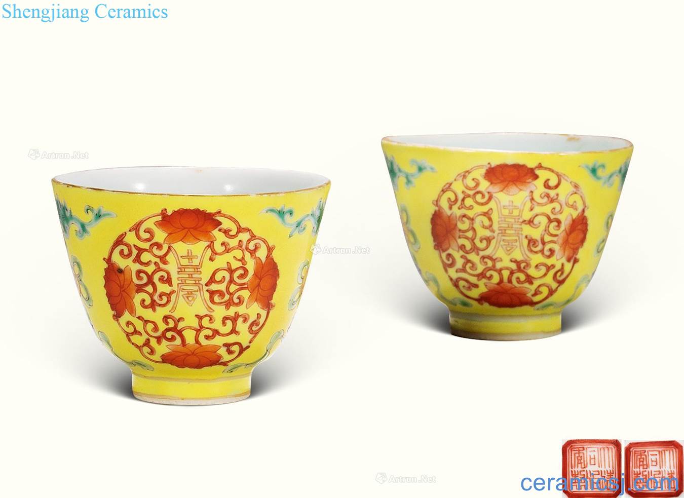 dajing Yellow powder enamel fu lu shou wen cup (a)