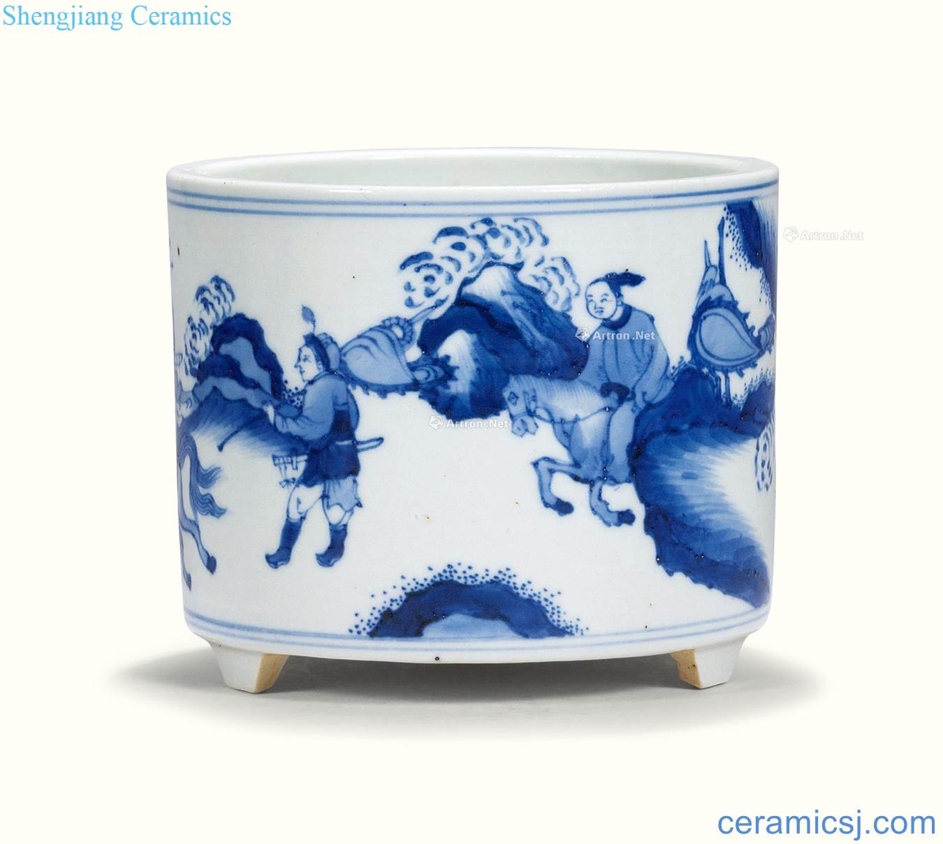 qing Blue and white horse character figure cylindrical furnace