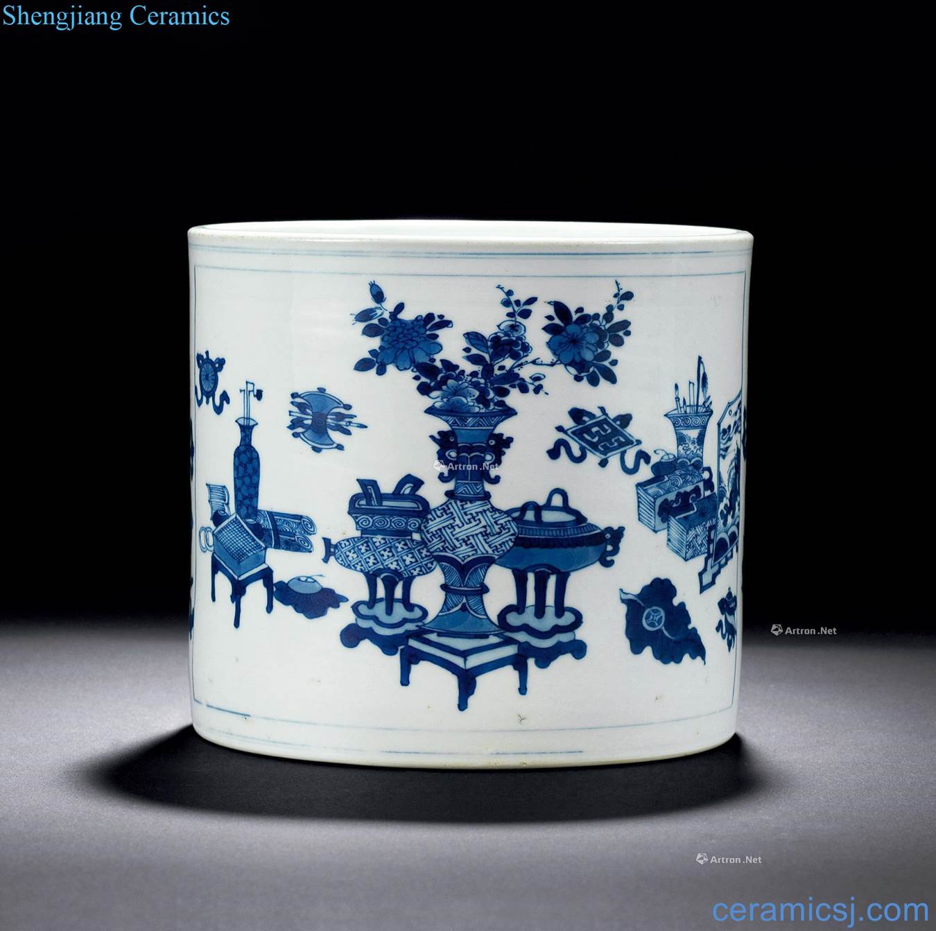 The qing emperor kangxi Blue and white antique pen container lines