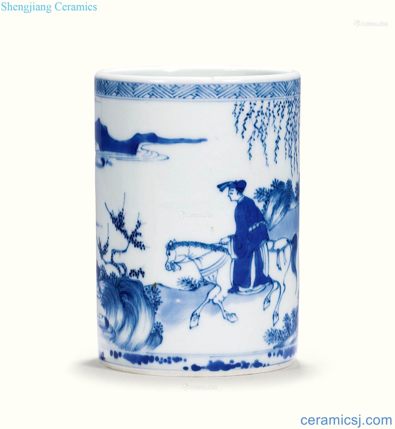 The qing emperor kangxi Blue and white ying-ying went descend figure pen container