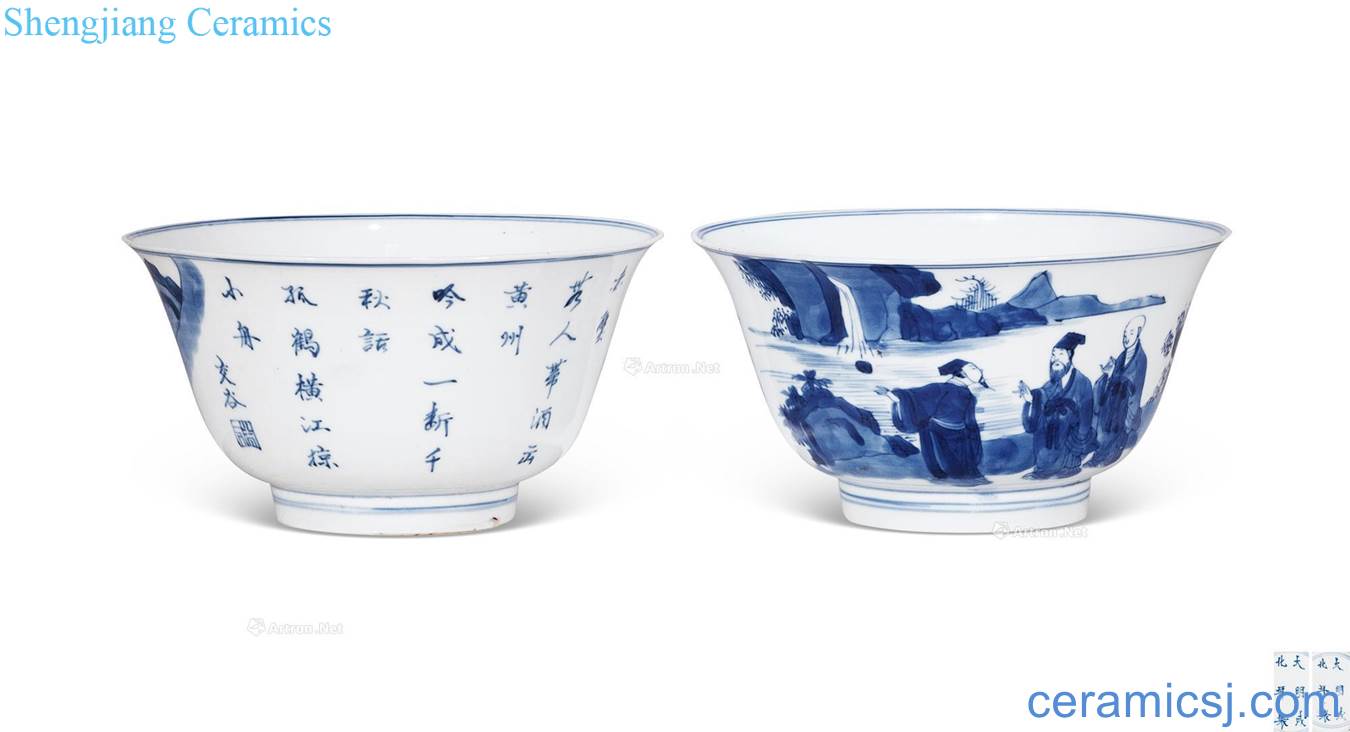 The qing emperor kangxi Blue and white landscape character poems bowl (a)
