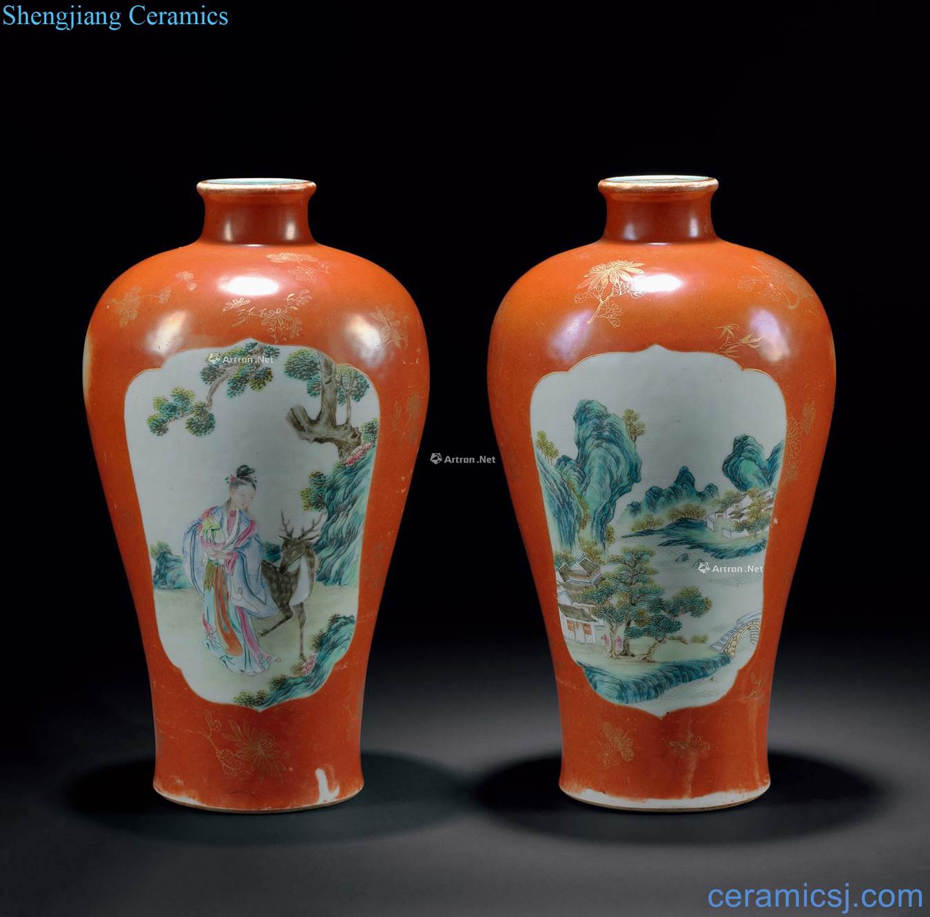 Qing qianlong coral red glaze medallion pastel mago offer longevity figure big plum bottle