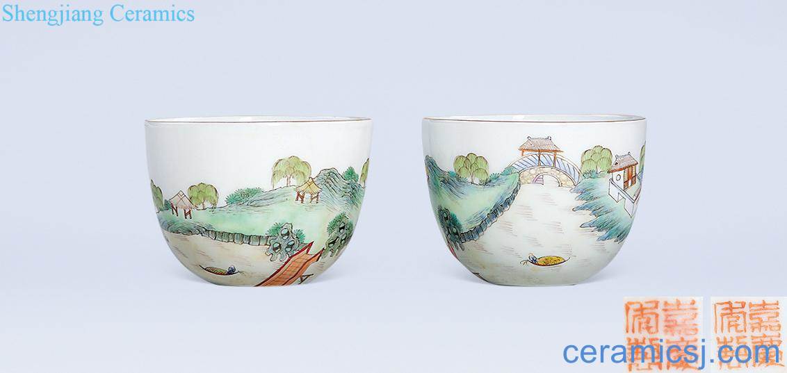 Qing jiaqing pastel xihu ten scenery small cup (a)