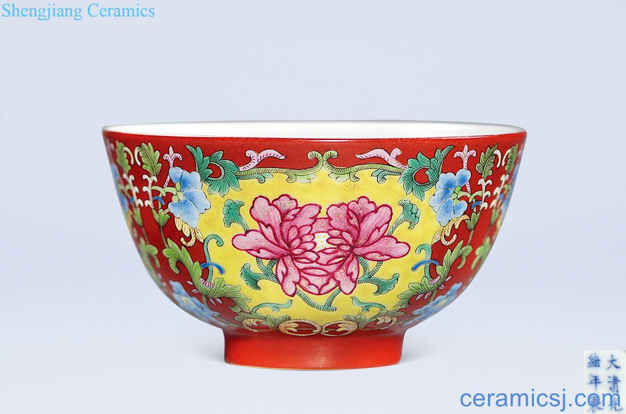 Qing guangxu Coral red pastel flowers green-splashed bowls