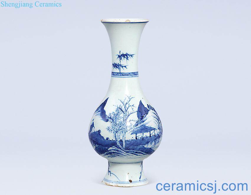 Qing yongzheng Blue and white landscape character pipa bottle