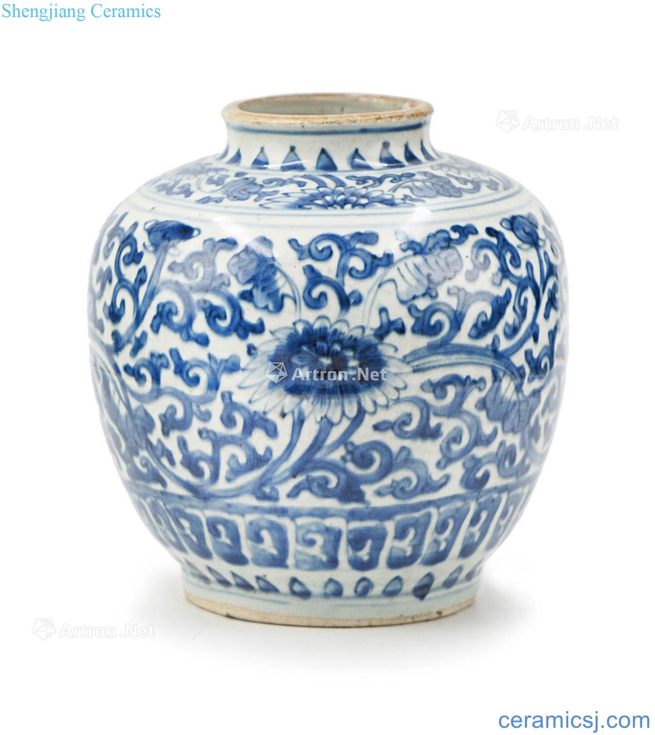 Ming (1368-1644) blue and white lotus flower grain tank