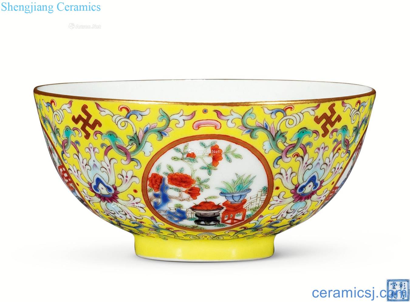 Qing qianlong to pastel yellow flower medallion bowl antique grain