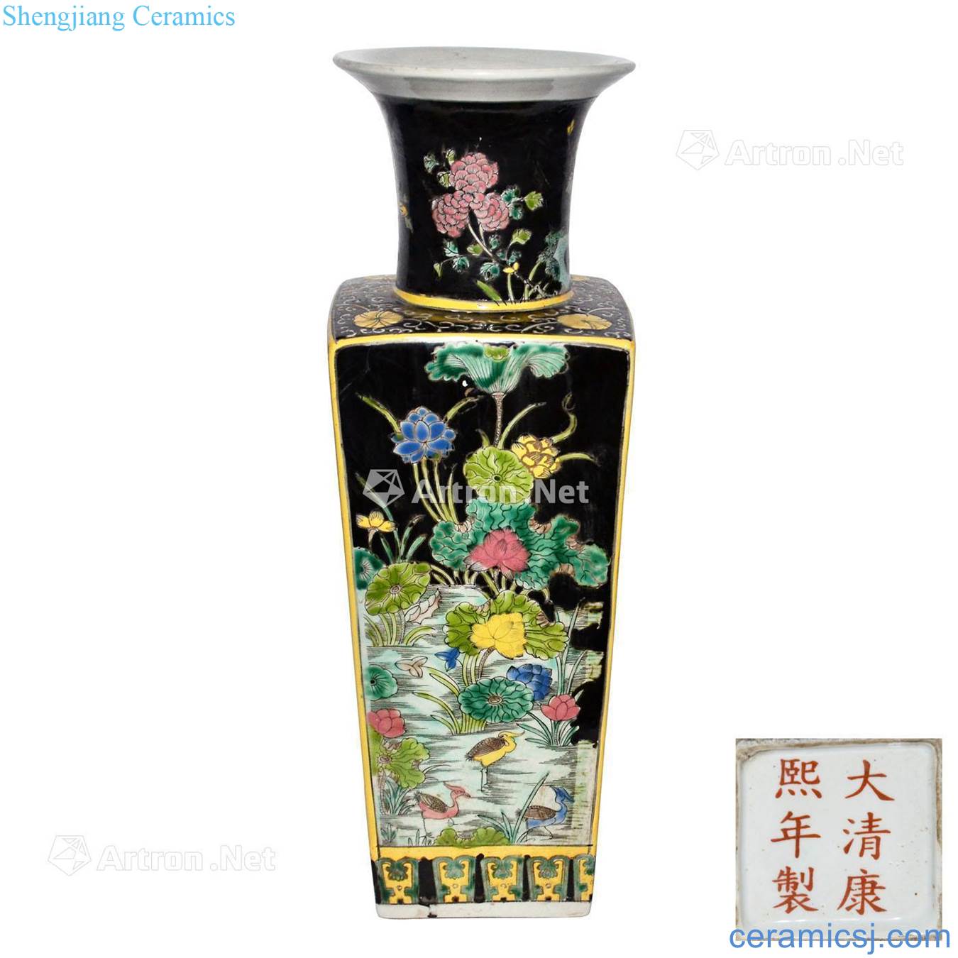 In the qing dynasty Kangxi yellow ink glaze pastel flowers open bottle
