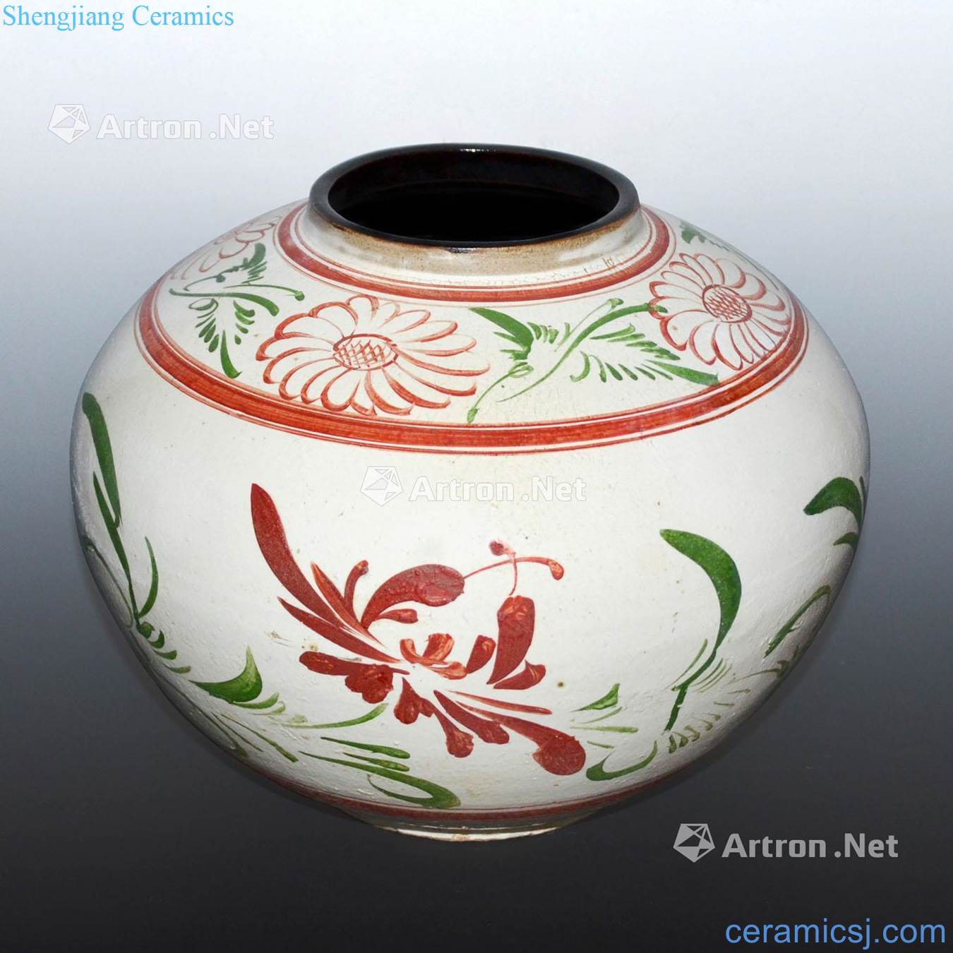 The song dynasty Water color red, green chrysanthemum grain circle cans