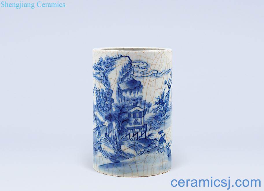 Mid qing Blue and white landscape character figure pen container