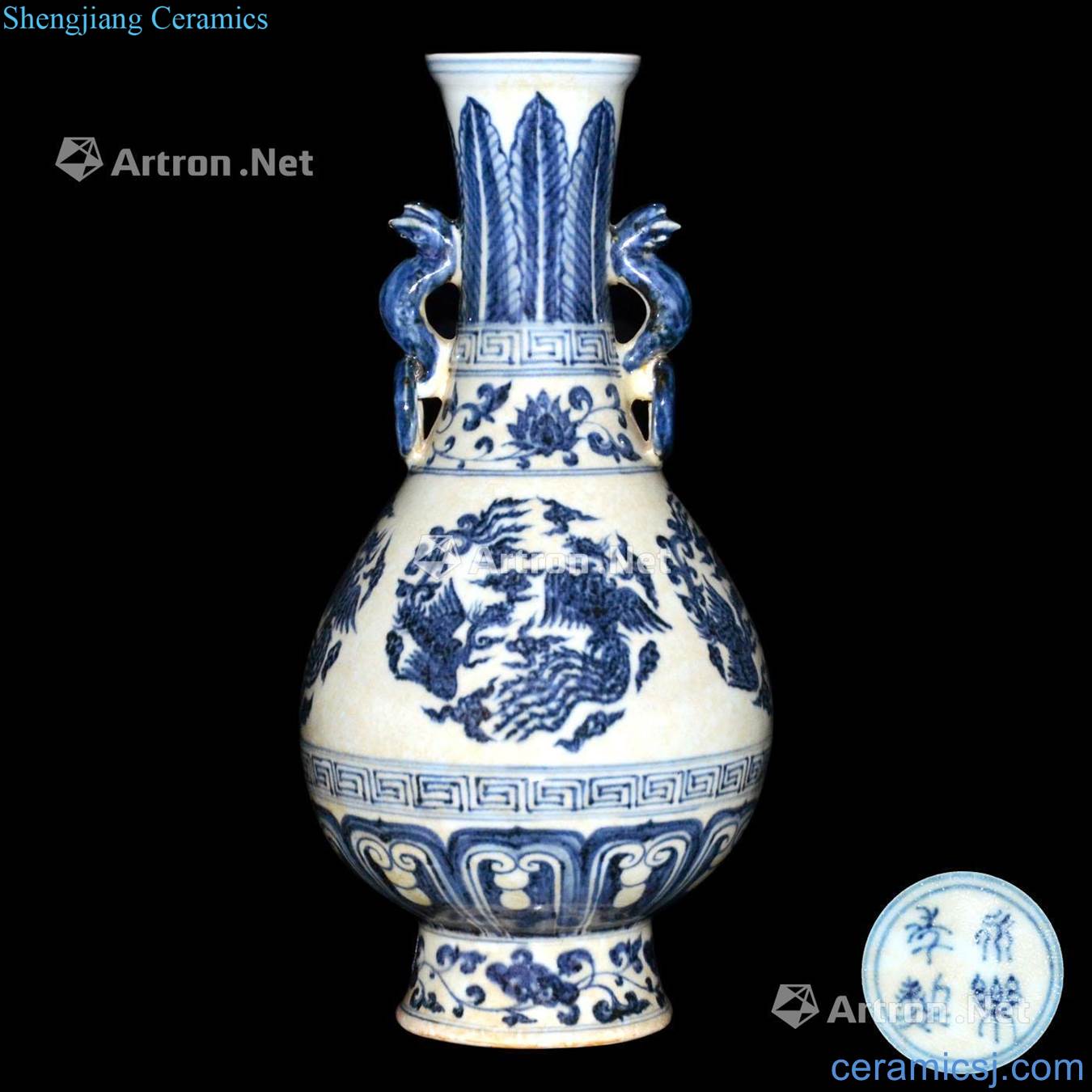 Ming yongle Blue and white grain dragon ear 2-ring bottle
