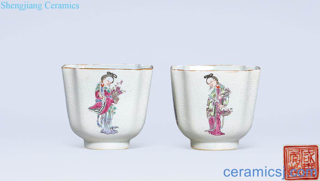 Qing xianfeng pastel rolling ladies grain square cup (a)
