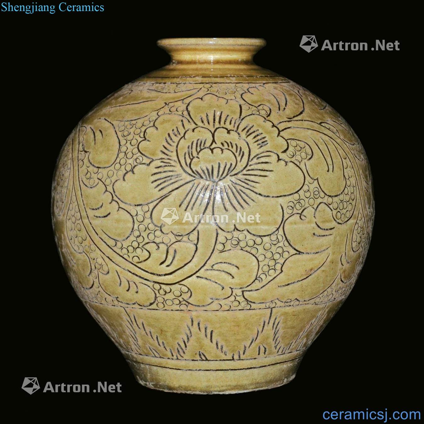 Northern song dynasty kiln in dengfeng yellow glaze pearl hand-cut peony grains left round bottle mouth