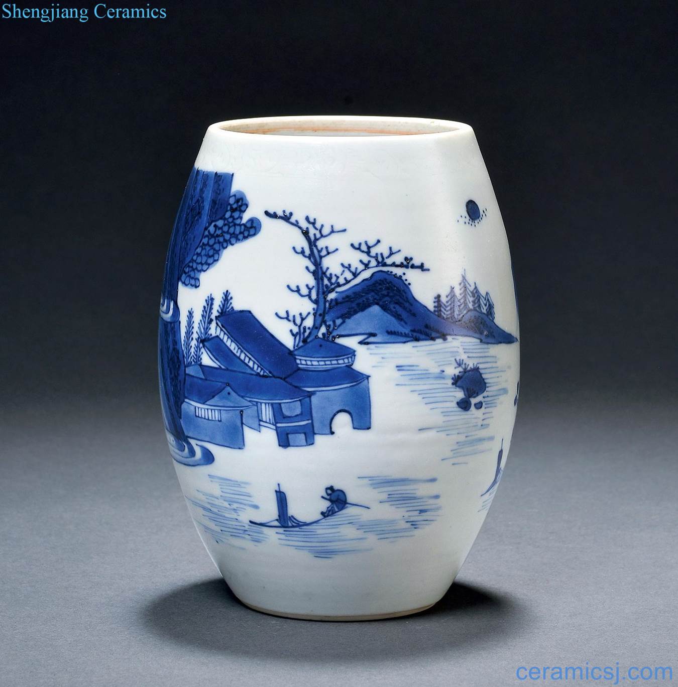 Ming chongzhen Blue and white landscape character canister