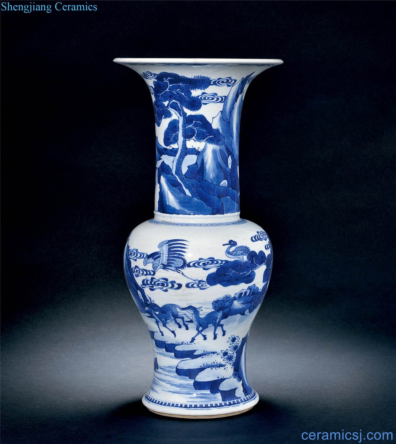 The qing emperor kangxi Blue and white landscape LuHe grain vase with flowers