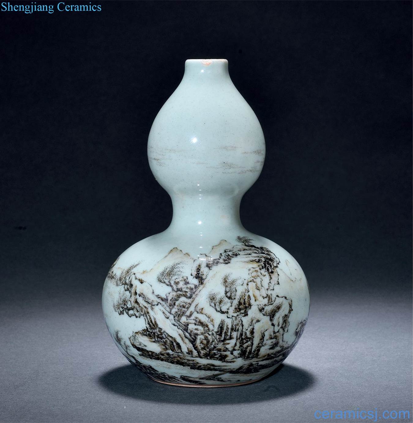 Qing qing glaze color ink landscape small gourd bottle