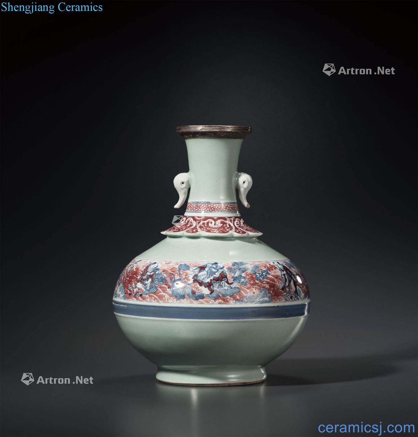 In late qing dynasty East green glaze porcelain youligong ensemble figure double elephant ears