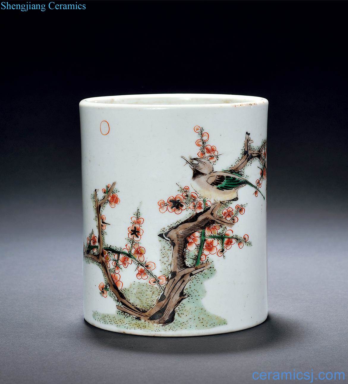 The qing emperor kangxi Colorful flowers and birds pen container