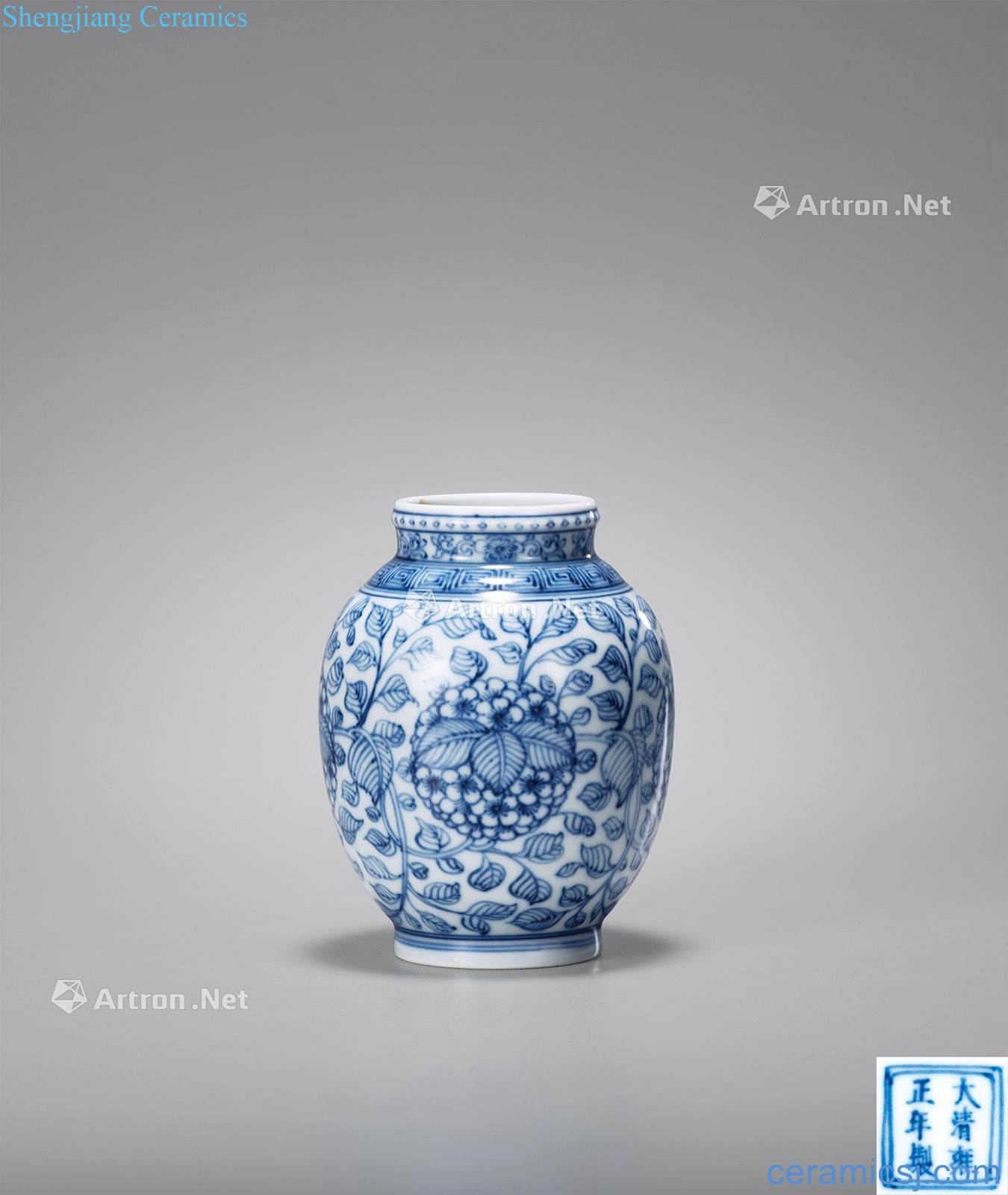 Qing yongzheng Blue and white tie up branch lines canister flowers