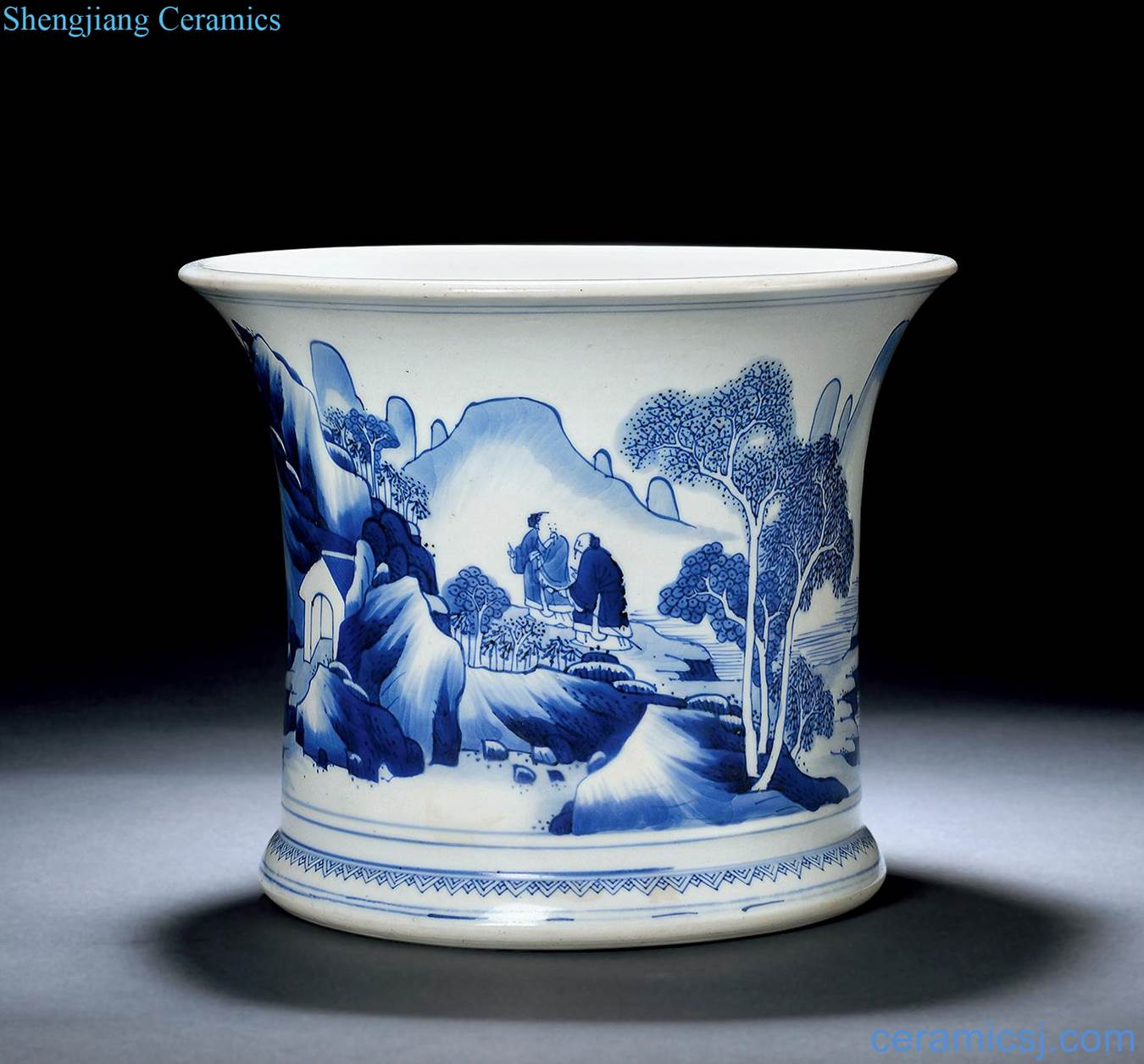 The qing emperor kangxi Blue and white landscape coats brush pot