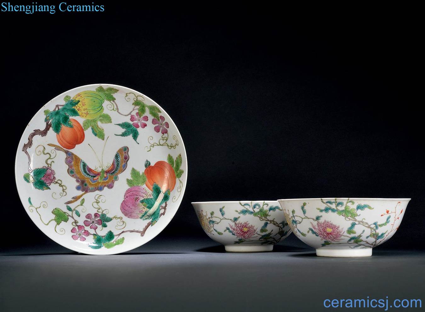 Mid - late qing pastel Su melon butterfly tray, flowers butterfly figure bowl (a)