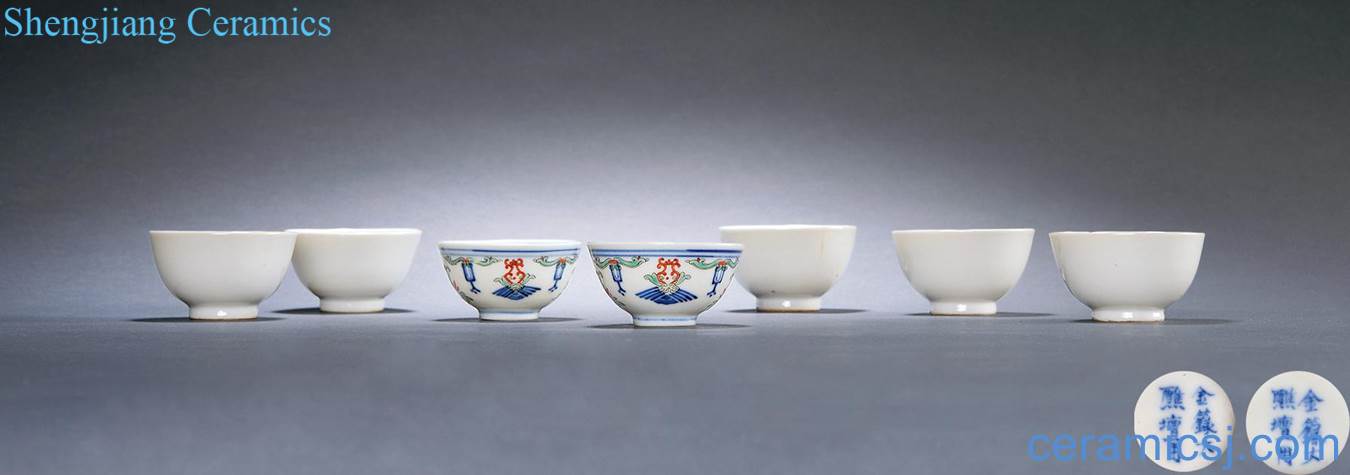 Qing dynasty blue and white color bucket floral cup, white glaze "tea cup" (seven pieces)