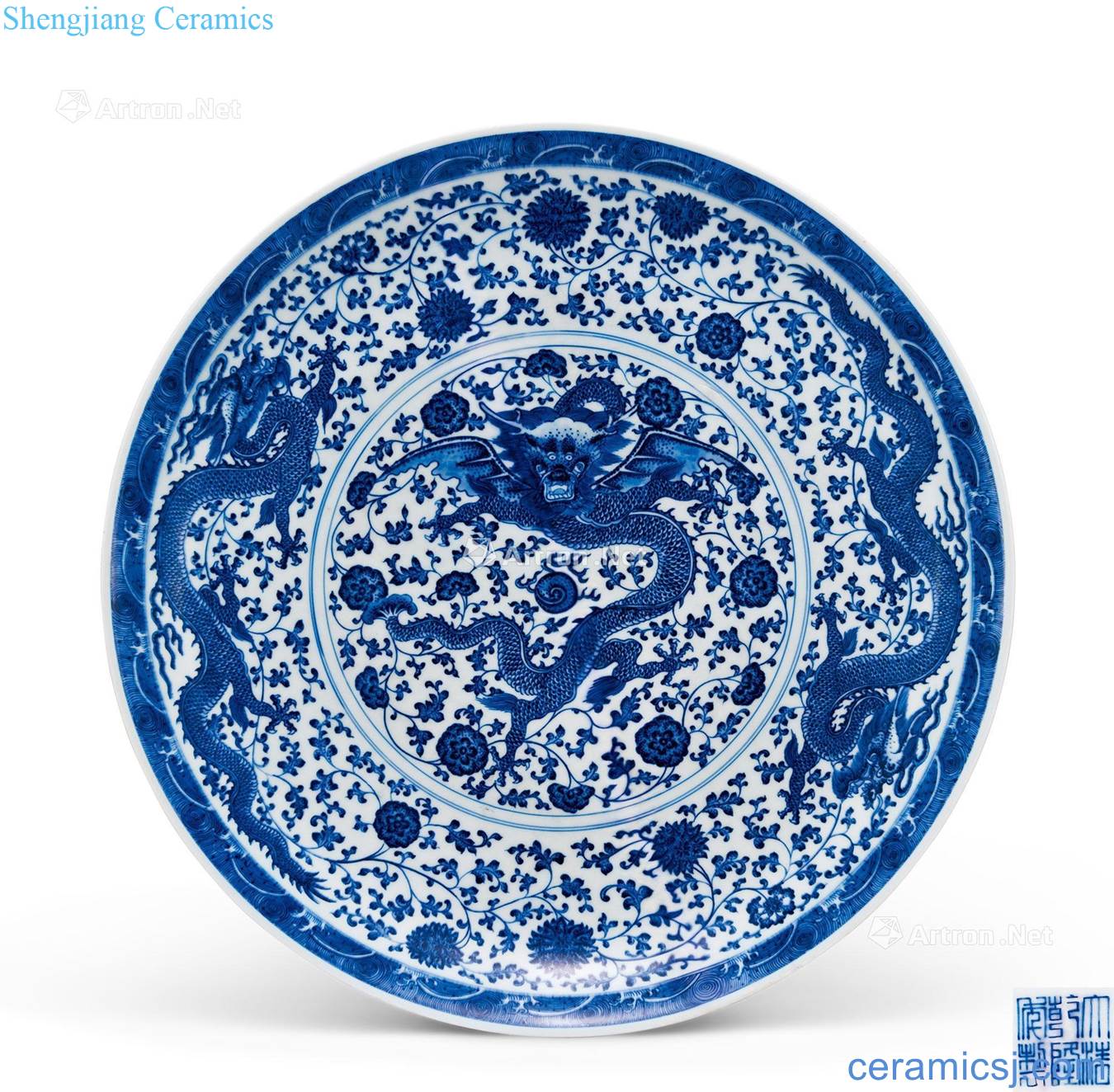 Qing qianlong Blue and white dragon grain market