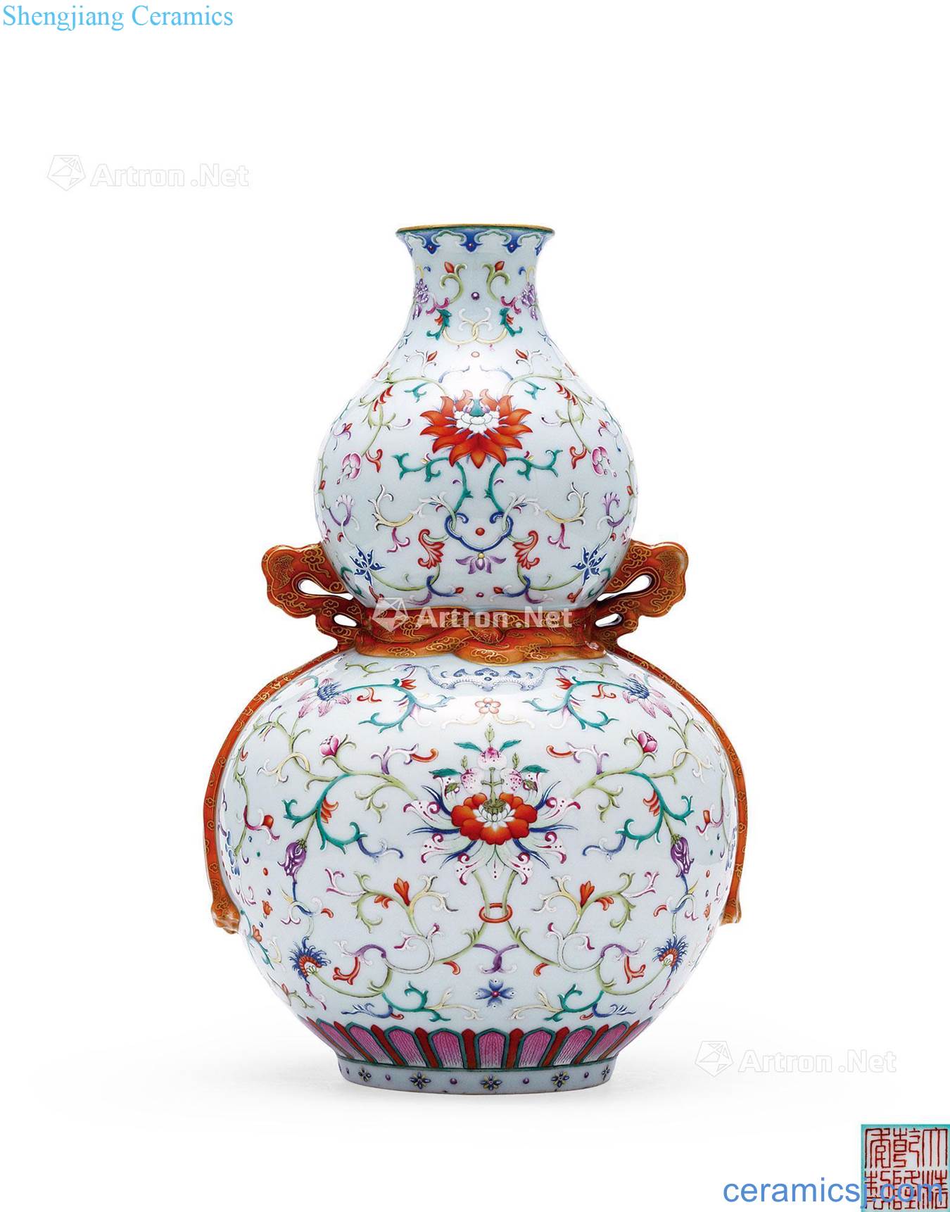 Qing qianlong the color lotus flower grain gourd ribbon bottle