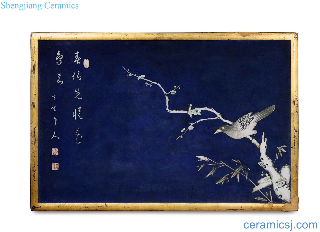 Qing qianlong B system acknowledged small wall hanging blue paint color ink painting of flowers and birds