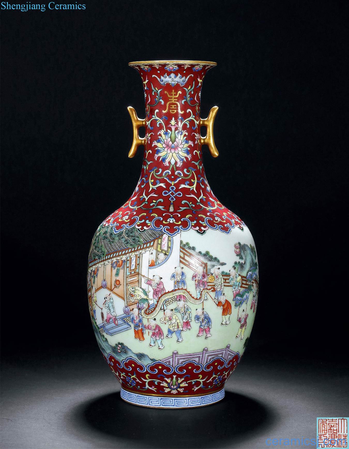 Qing jiaqing Rouge purple famille rose medallion in the ancient philosophers dragon lantern dual halberd ear bottle