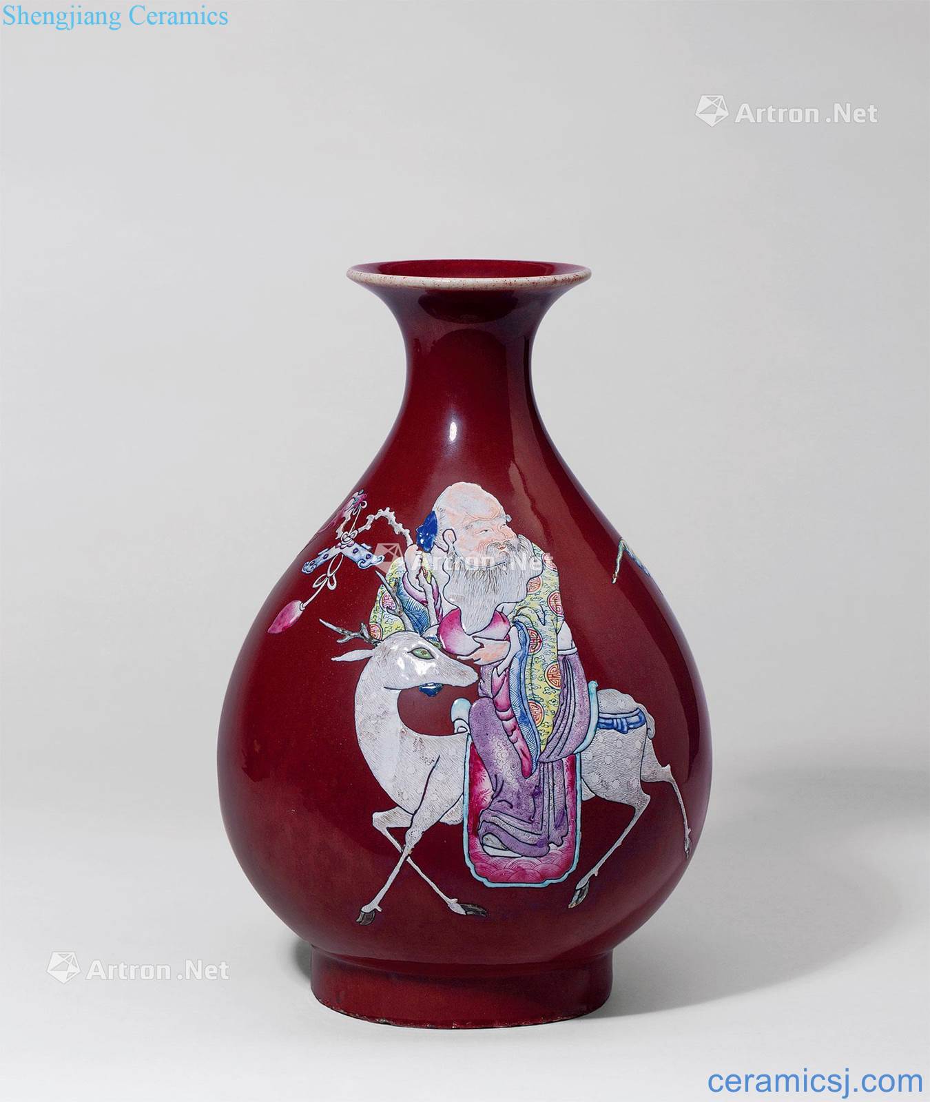 Qing guangxu The red glaze enamel "fu lu shou" grain okho spring bottle