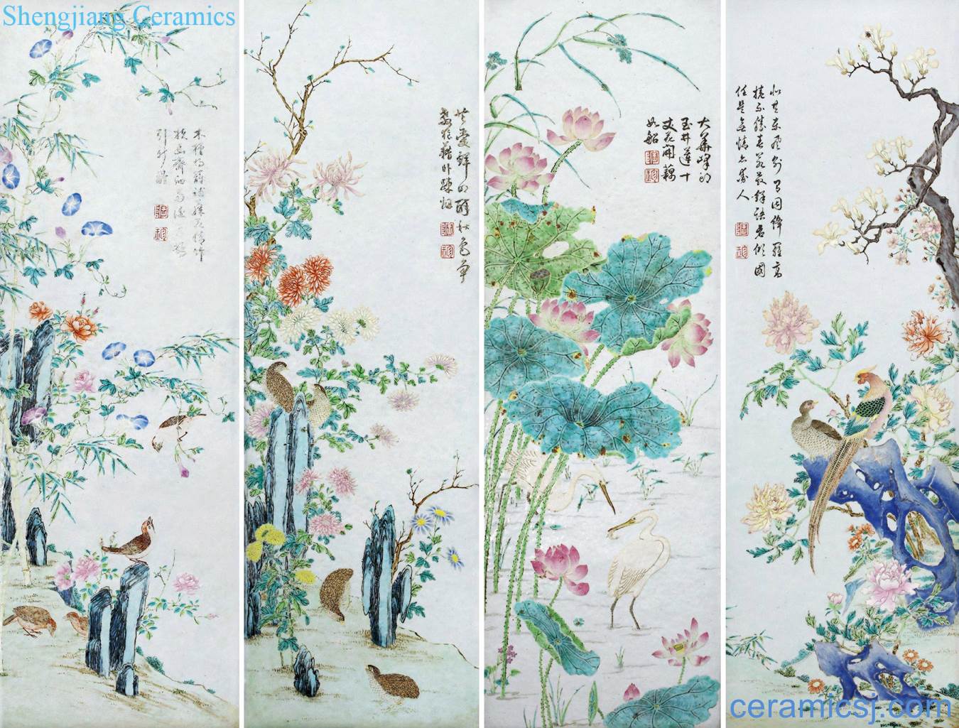 Qing qianlong B system pastel acknowledged the four seasons of flowers and birds four screen