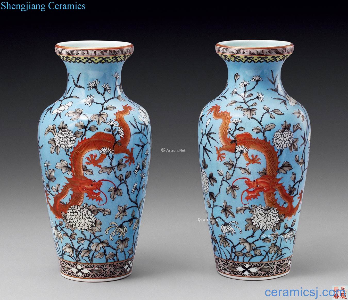 Qing guangxu The blessed one with blue color ink chrysanthemum red dragon grain bottle (2)
