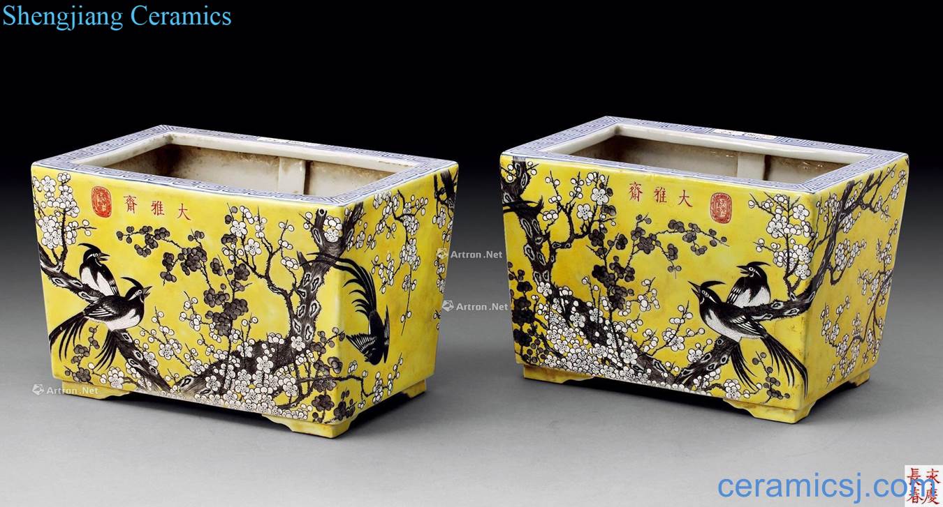 Qing guangxu Yellow in color ink mei magpie on rectangular flower pot (2)