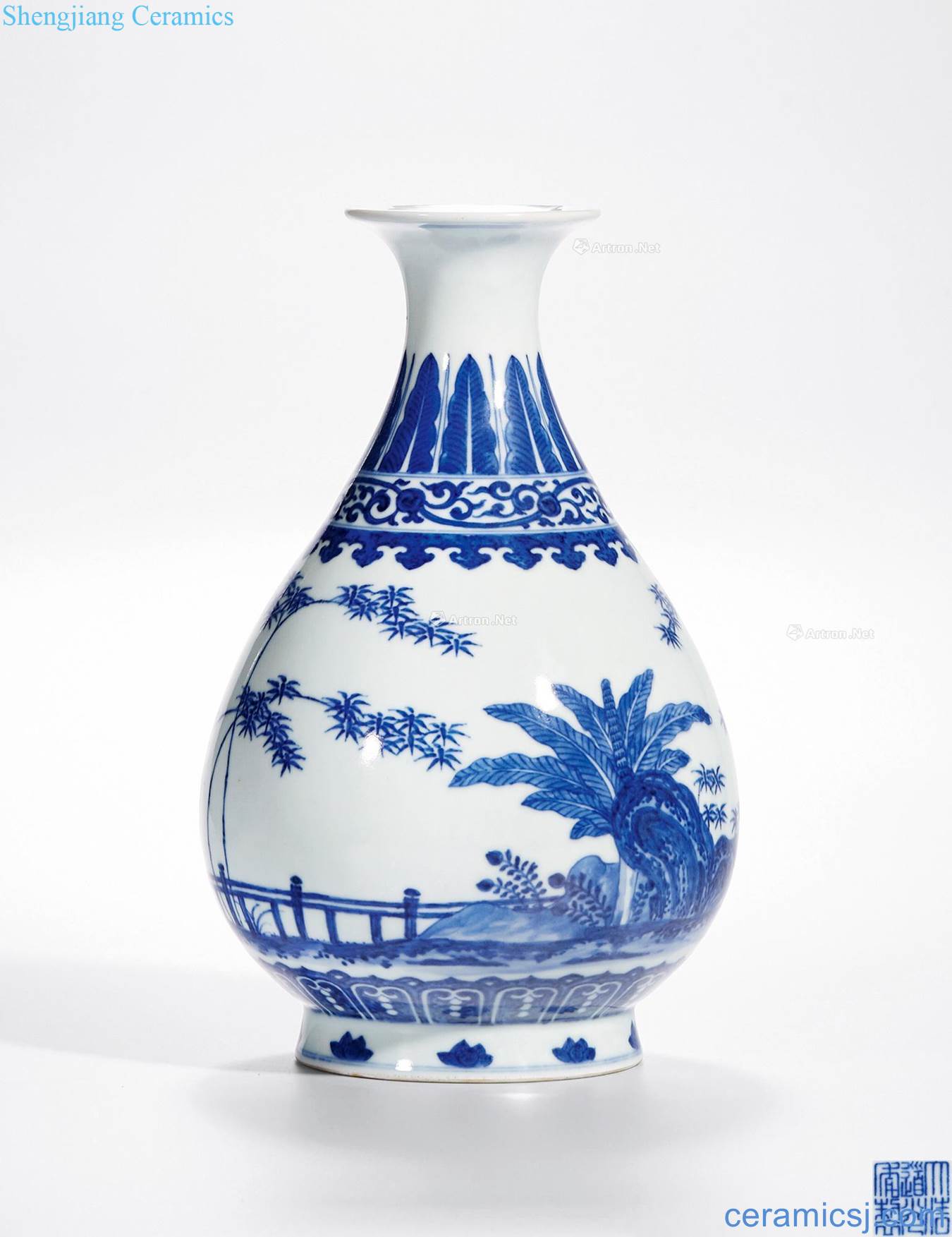 Qing daoguang Blue and white bamboo stone plantain grain okho spring bottle