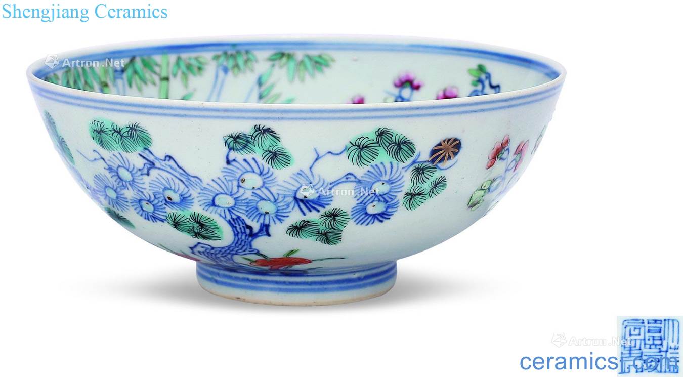 Qing jiaqing Blue and white enamel shochiku MeiLingLong bowl