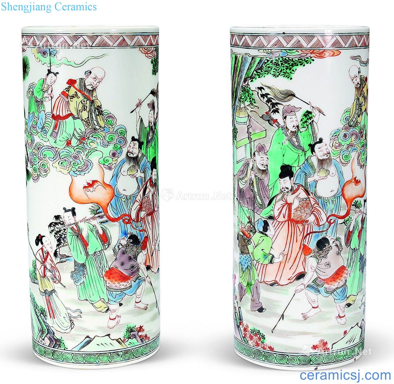 qing Colorful eight immortals figure cap tube of a couple