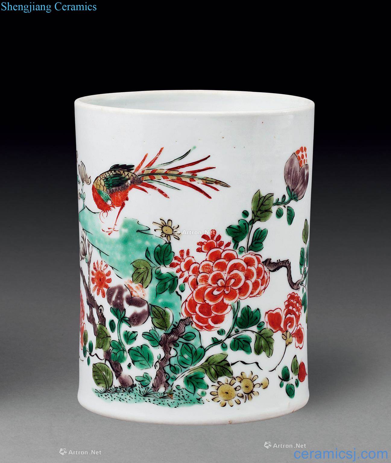 Colorful pheasant 鶏 peony brush pot