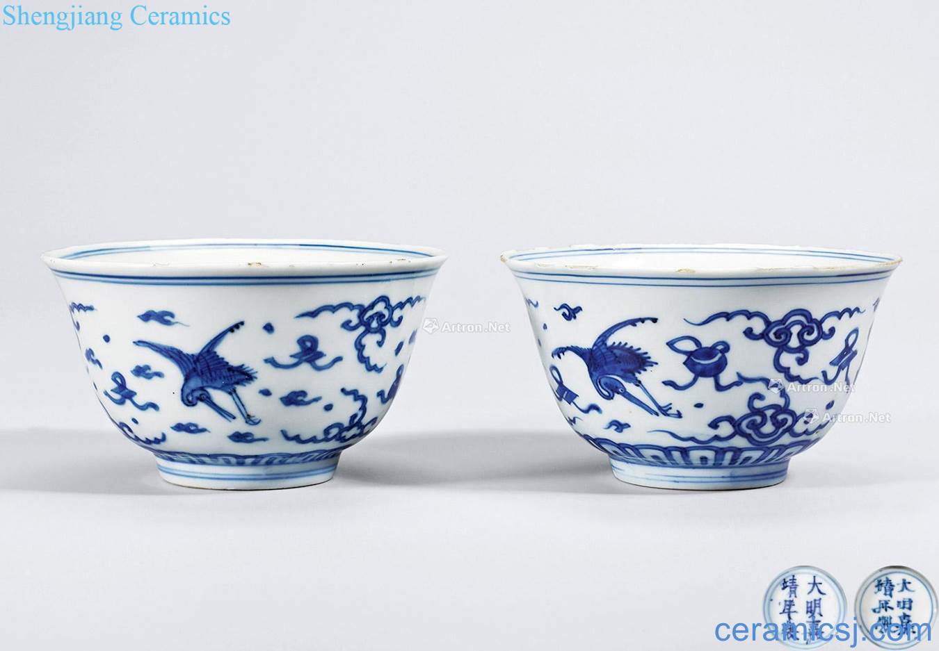 Ming jiajing Blue and white crane green-splashed bowls (a)