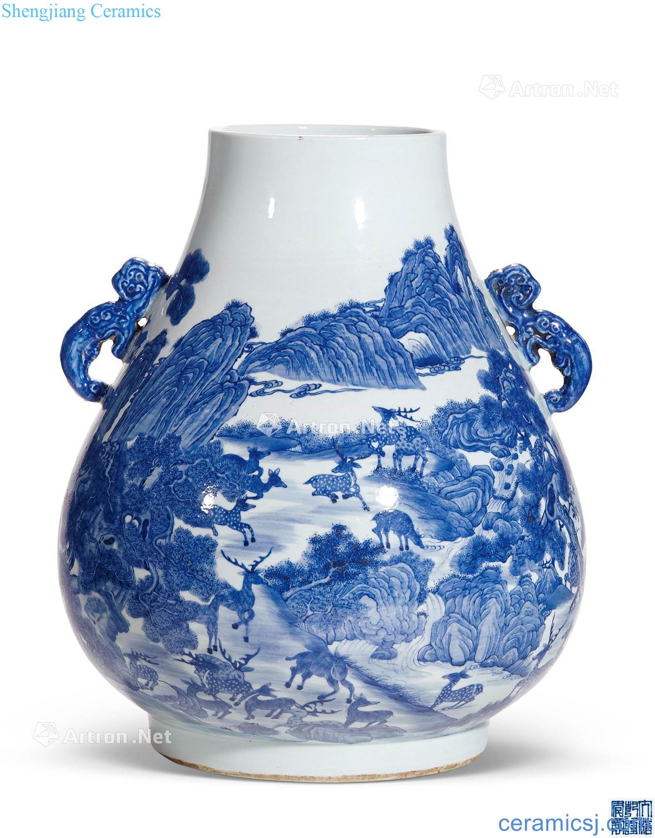 In late qing dynasty Blue and white best deer statue