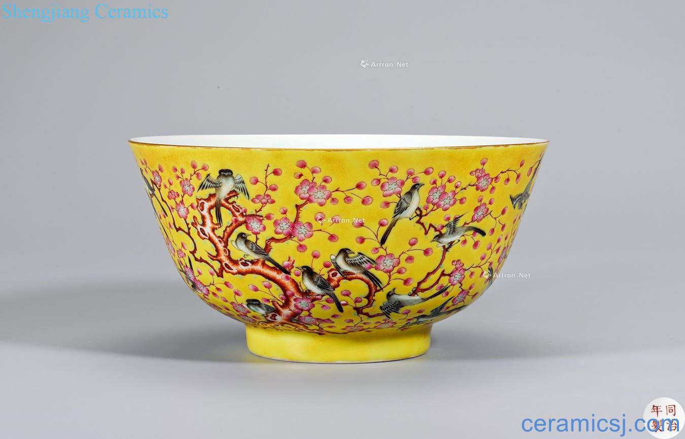 dajing Yellow to pastel magpie on mei figure large bowl