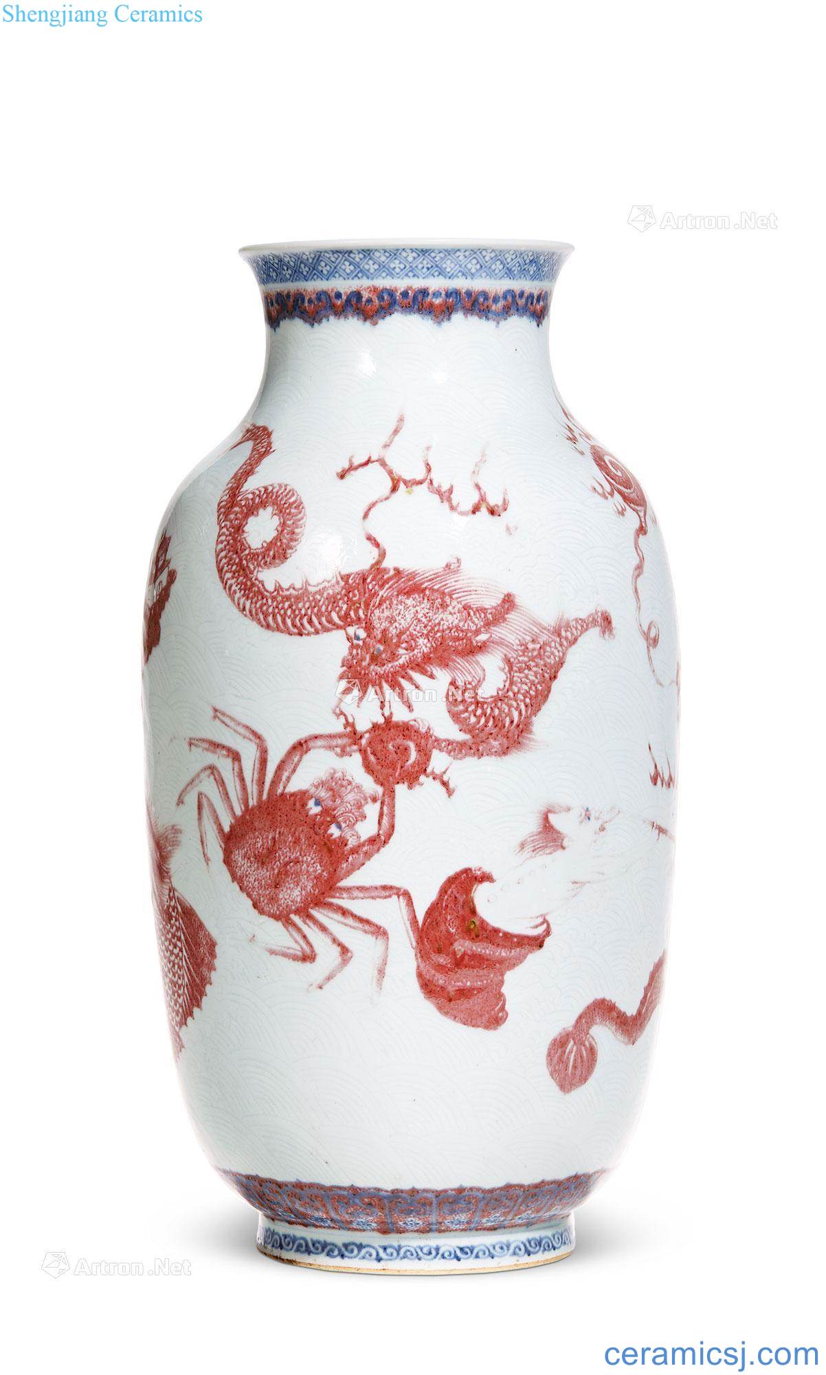 Qing qianlong Blue and white youligong red dragon born nine ZiWen bottle